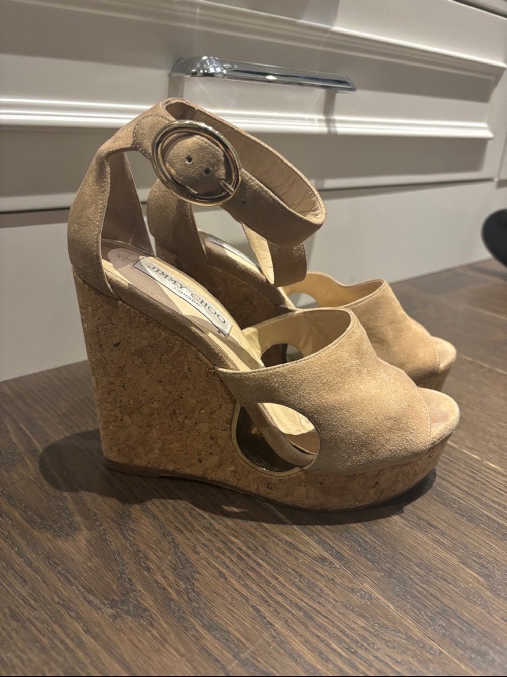 Jimmy Choo Beige Suede Cork Platform Wedge Sandals with Ankle Buckle